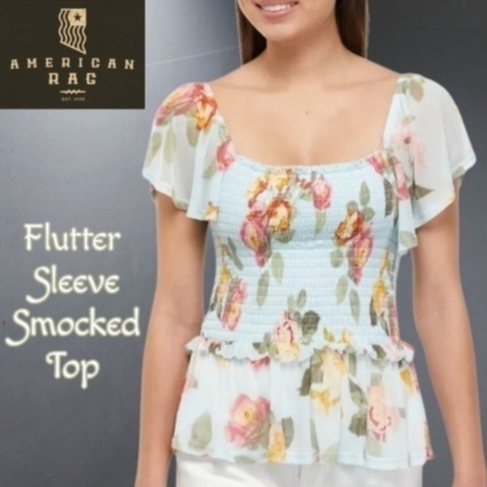 AMERICAN RAG Sheer Flutter Sleeve & Hem Square Neck Smocked Floral Top NWT/Lg